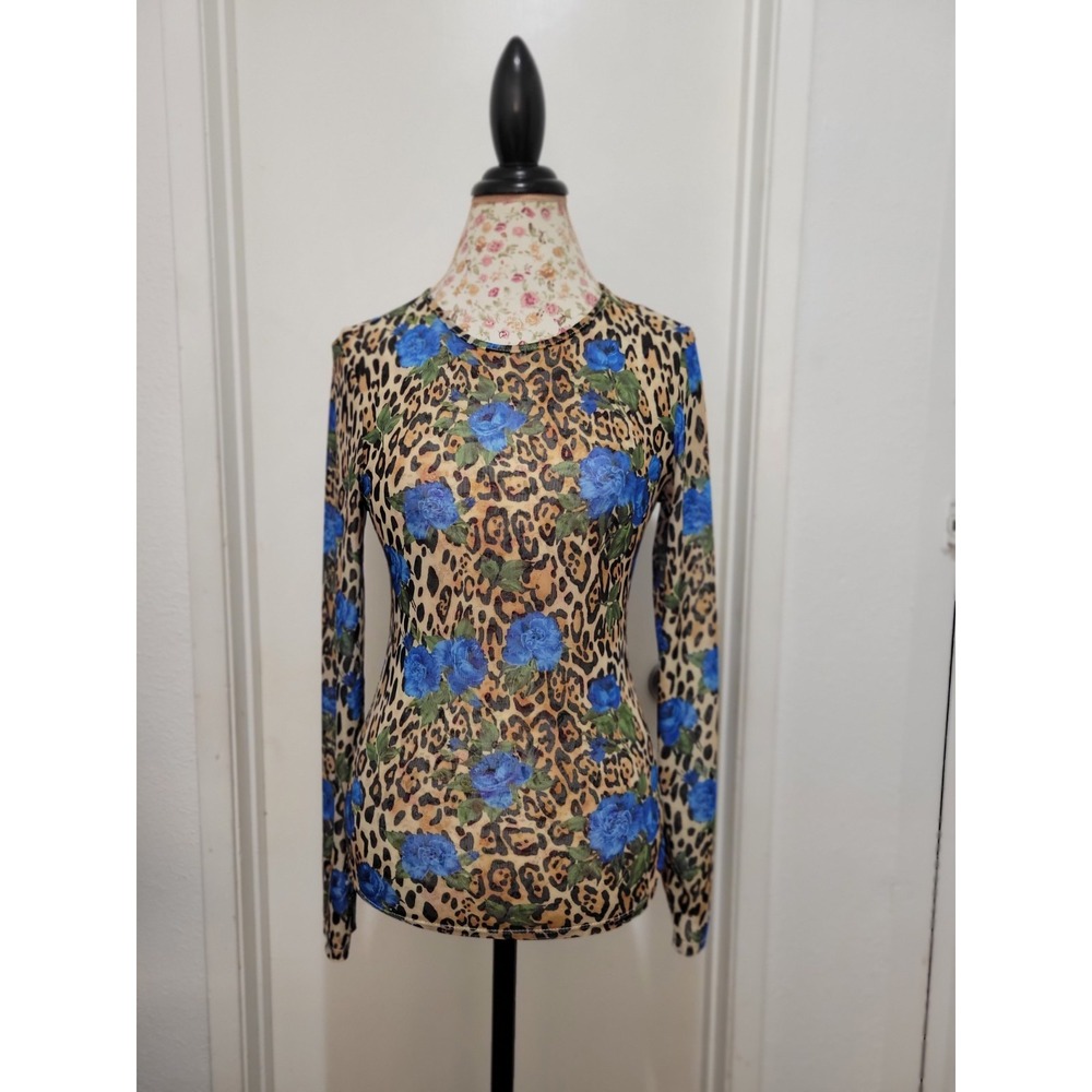 Women Unbranded 90s Y2K Mob Wife Mesh Sheer Leopard Floral Print Top Brown M